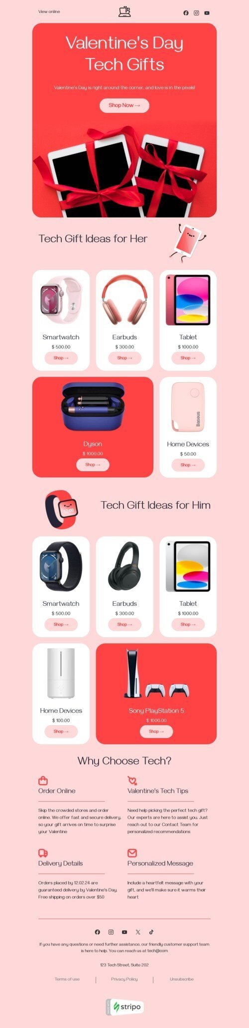 Modello email San Valentino «Regali tecnologici» per il settore industriale di gadget Visualizzazione desktop