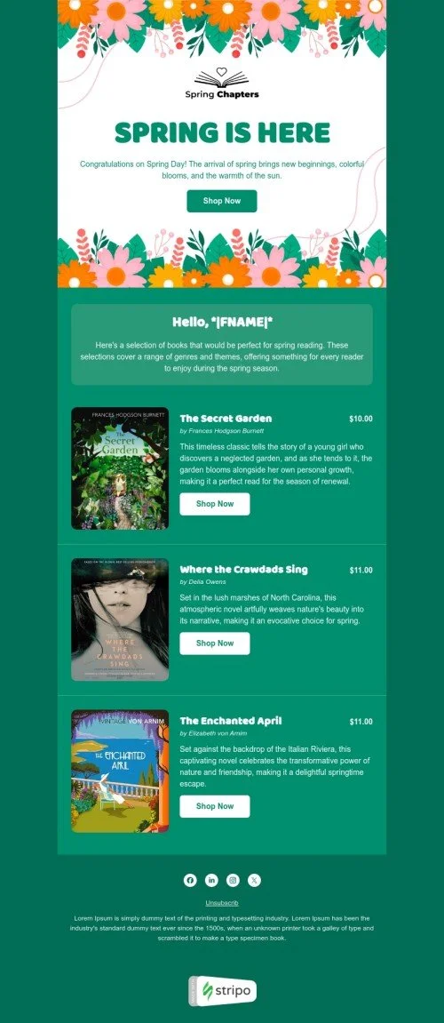 Spring email template "Dive into spring" for books & presents & stationery industry