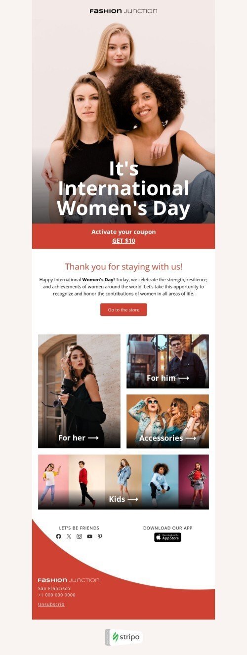 Women's Day email template "Fashionable life" for fashion industrydesktop view