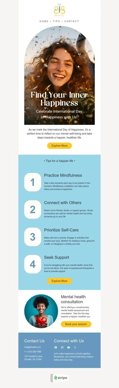 International Day of Happiness email template "Find your inner happiness" for health and wellness industry