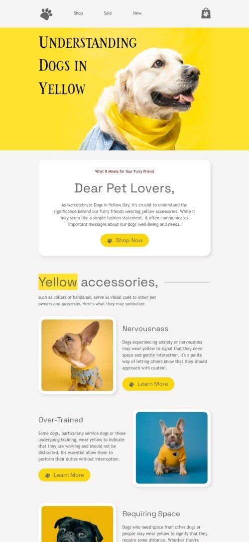 Dogs in Yellow Day email template "Understanding dogs in yellow" for pets industry mobile view