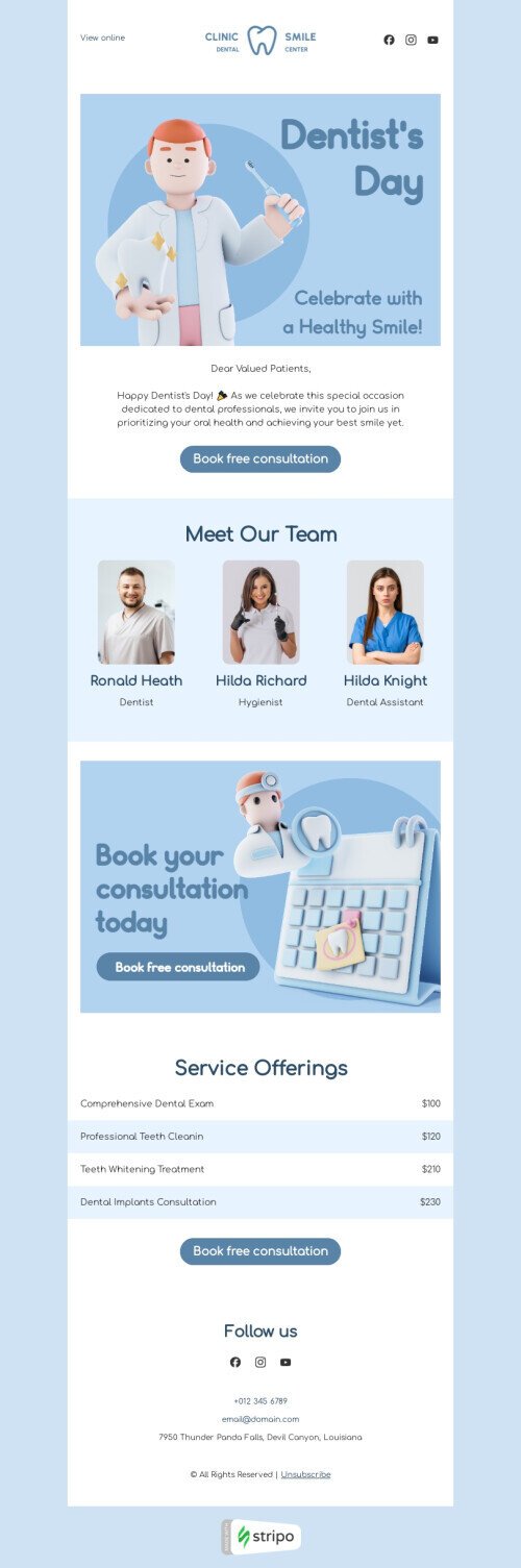 Plantilla de correo electrónico «Sonrisa saludable» de Día nacional del dentista para la industria de salud y belleza Vista de escritorio