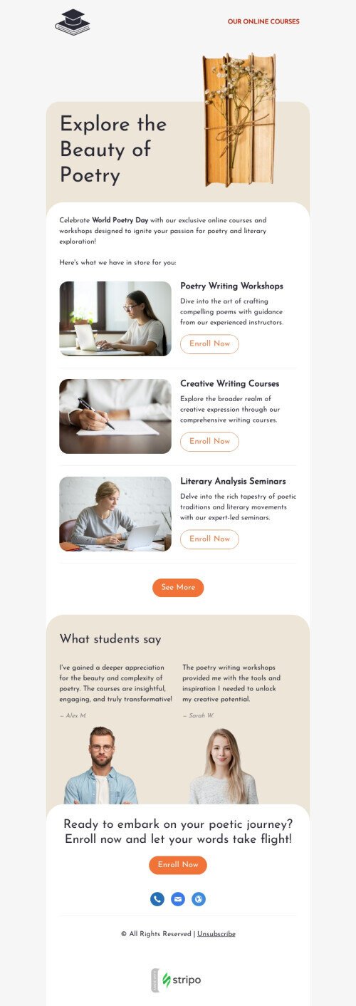 World Poetry Day email template "Beauty of poetry" for education industrydesktop view