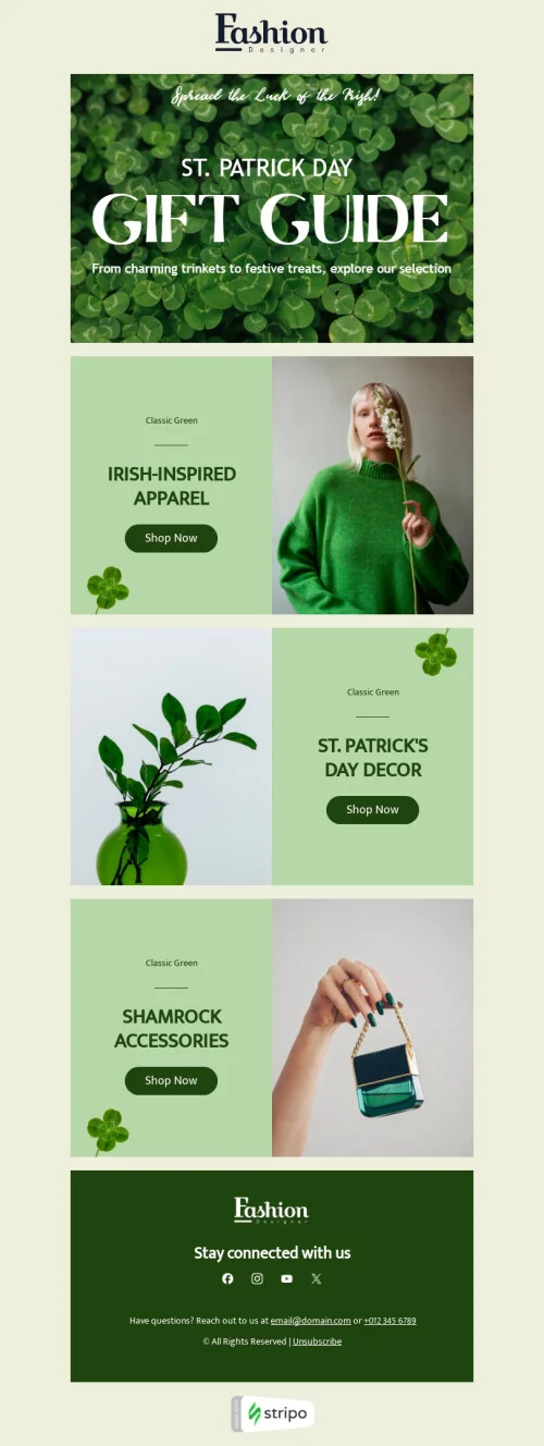 St. Patrick's Day email template "Shamrock Accessories" for fashion industry