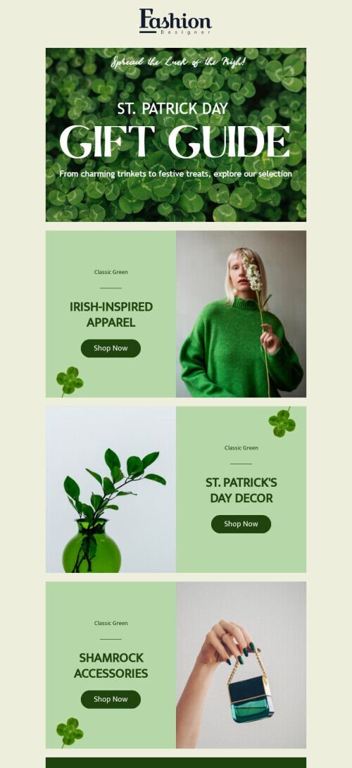 St. Patrick's Day email template "Shamrock Accessories" for fashion industry mobile view