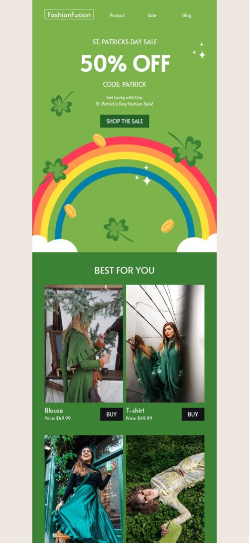 St. Patrick's Day email template "Get lucky" for fashion industry mobile view