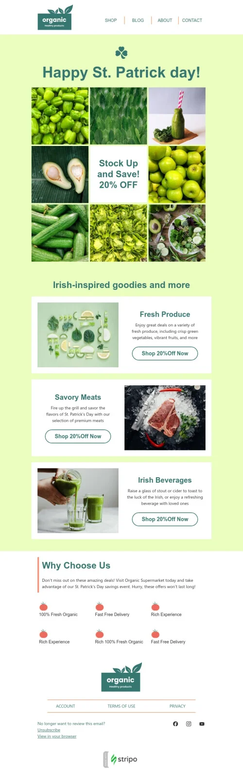 St. Patrick's Day email template "Stock up and save" for food industry