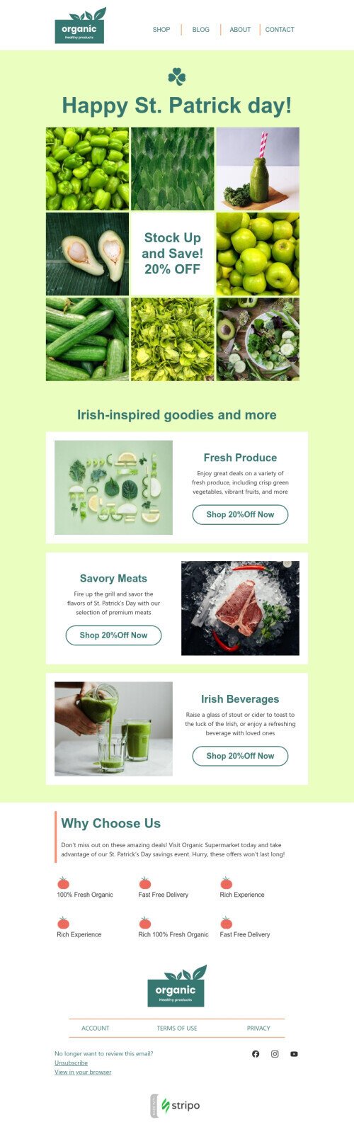 St. Patrick‘s Day E-Mail-Vorlage «Vorräte anlegen und sparen» für Essen-Branche Desktop-Ansicht