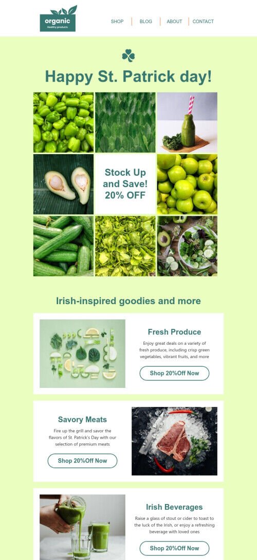 St. Patrick's Day email template "Stock up and save" for food industry mobile view