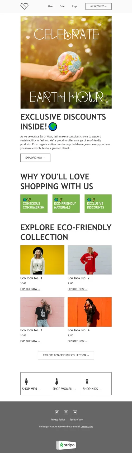Earth Hour email template "Eco-Friendly collection" for fashion industry