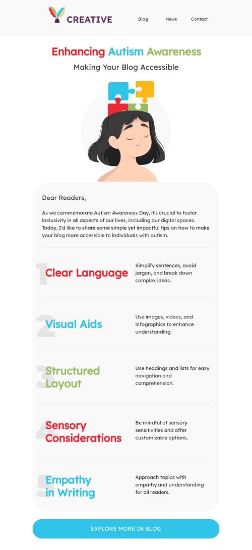 Autism Awareness Day email template "Making your blog accessible" for publications & blogging industry mobile view
