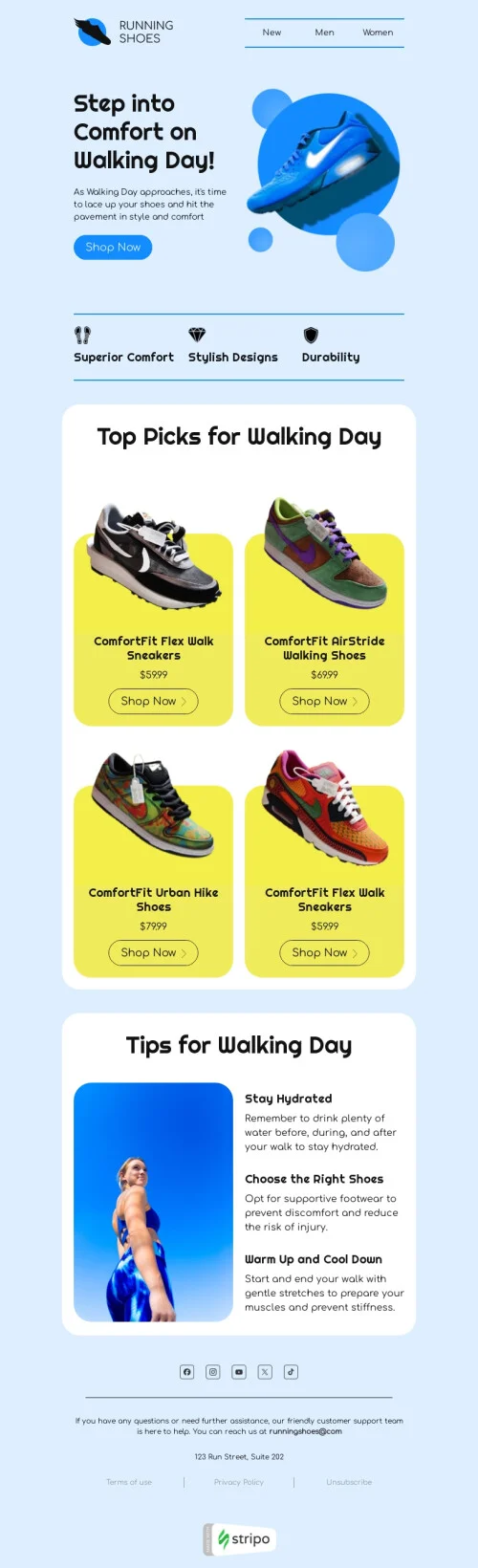 Walking Day email template "Step into Comfort" for fashion industry