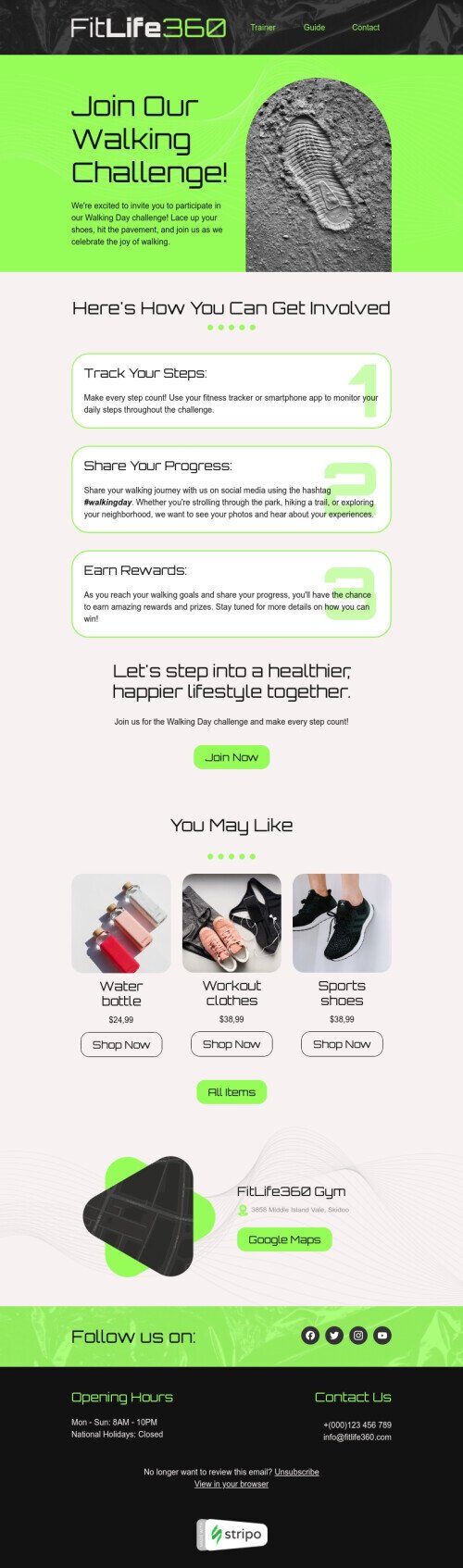 Walking Day email template "Join our Walking Challenge" for sports industry mobile view