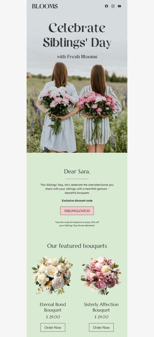 Siblings Day email template "Sibling love" for gifts & flowers industry mobile view