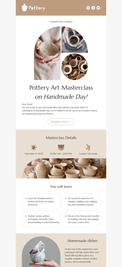 Modello di email per la Giornata del fatto a mano "Corso magistrale di arte della ceramica" per il settore dei regali e dei fiori Visualizzazione mobile