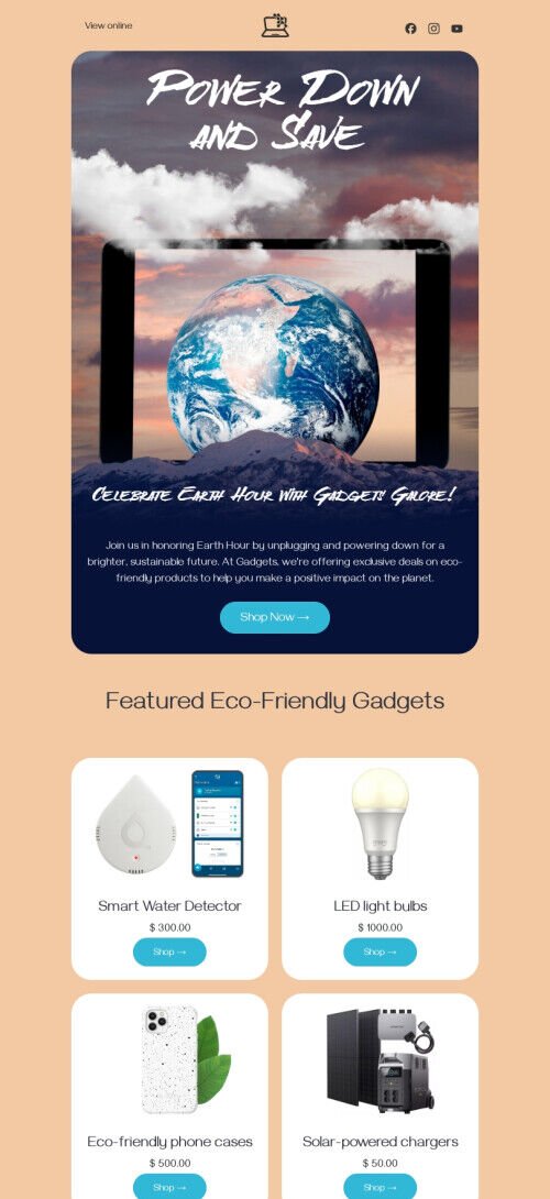 Modello di email per Earth Hour "Gadget ecosostenibili" per il settore dei gadget Visualizzazione mobile