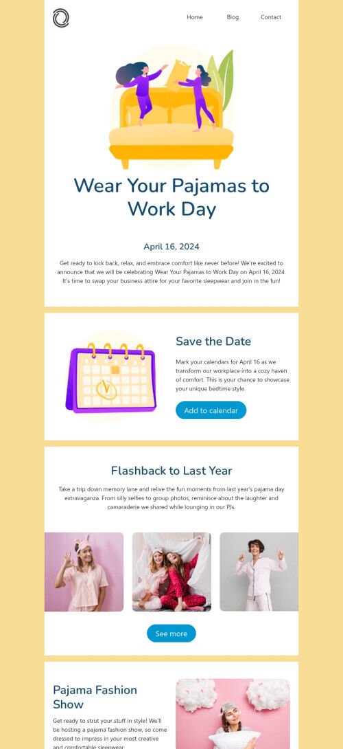 Wear Your Pajamas to Work Day email template "Pajama fashion show" for business industry mobile view