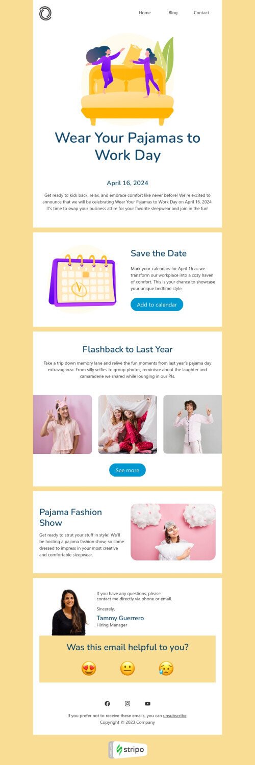 Wear Your Pajamas to Work Day email template "Pajama fashion show" for business industry mobile view