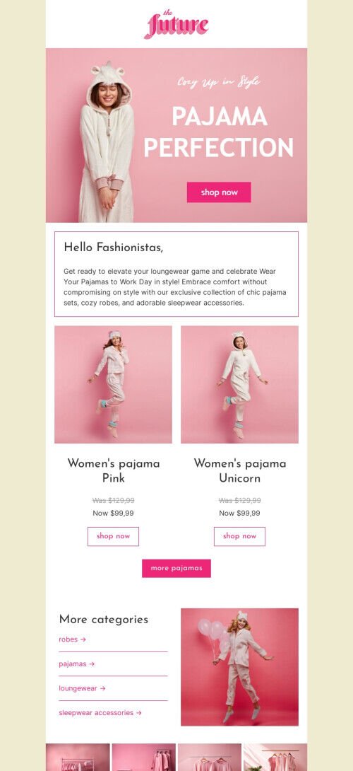Wear Your Pajamas to Work Day email template "Pajama sets" for fashion industry mobile view