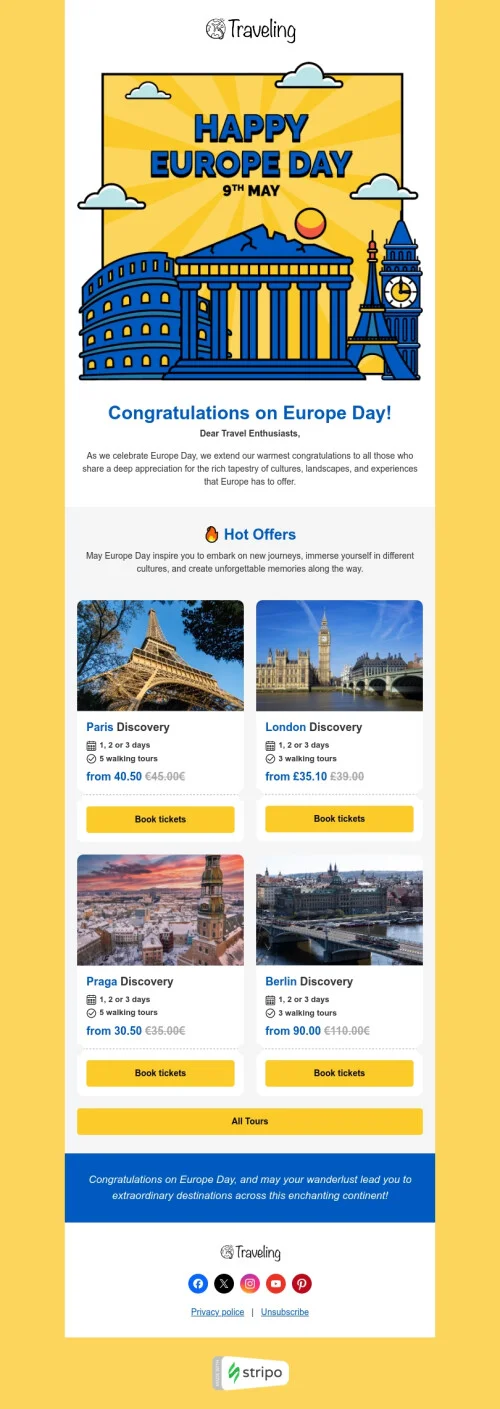 Europe Day email template "European heritage" for travel industry