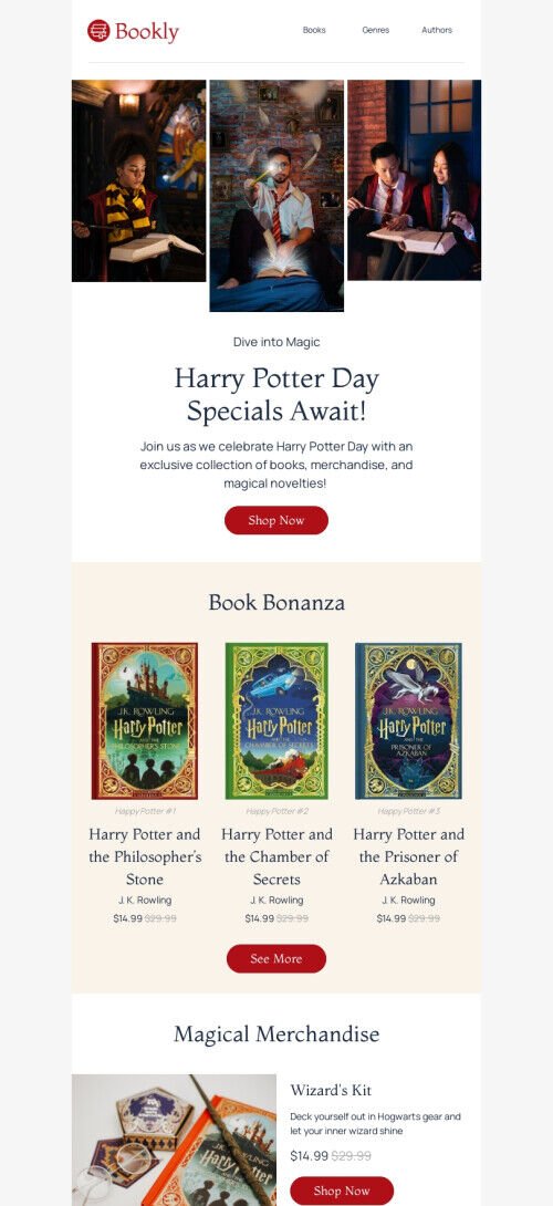 Modello di email per la Giornata di Harry Potter "Festa dei libri" per il settore dei libri, dei regali e della cartoleria Visualizzazione mobile