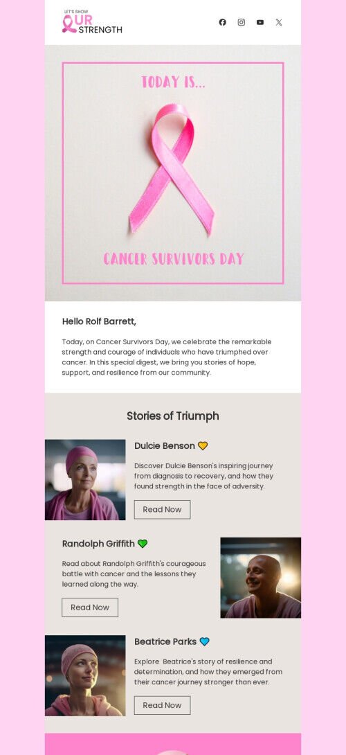 Modello di email per la Giornata dei sopravvissuti al cancro "Storie di trionfo" per il settore no-profit Visualizzazione mobile