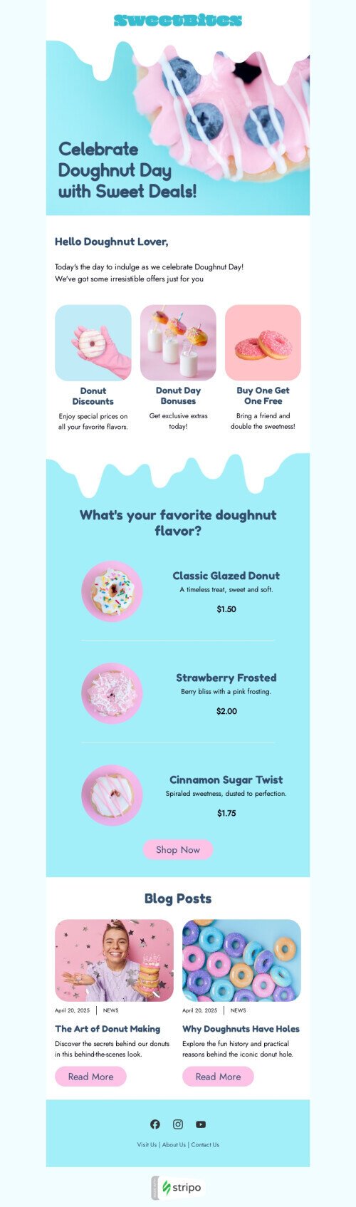 National Doughnut Day email template "Sweet deals" for food industry mobile view