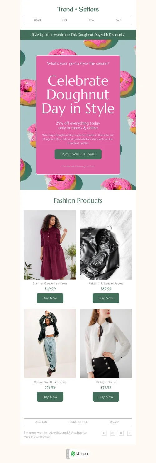 National Doughnut Day email template "Trendiest outfits" for fashion industry
