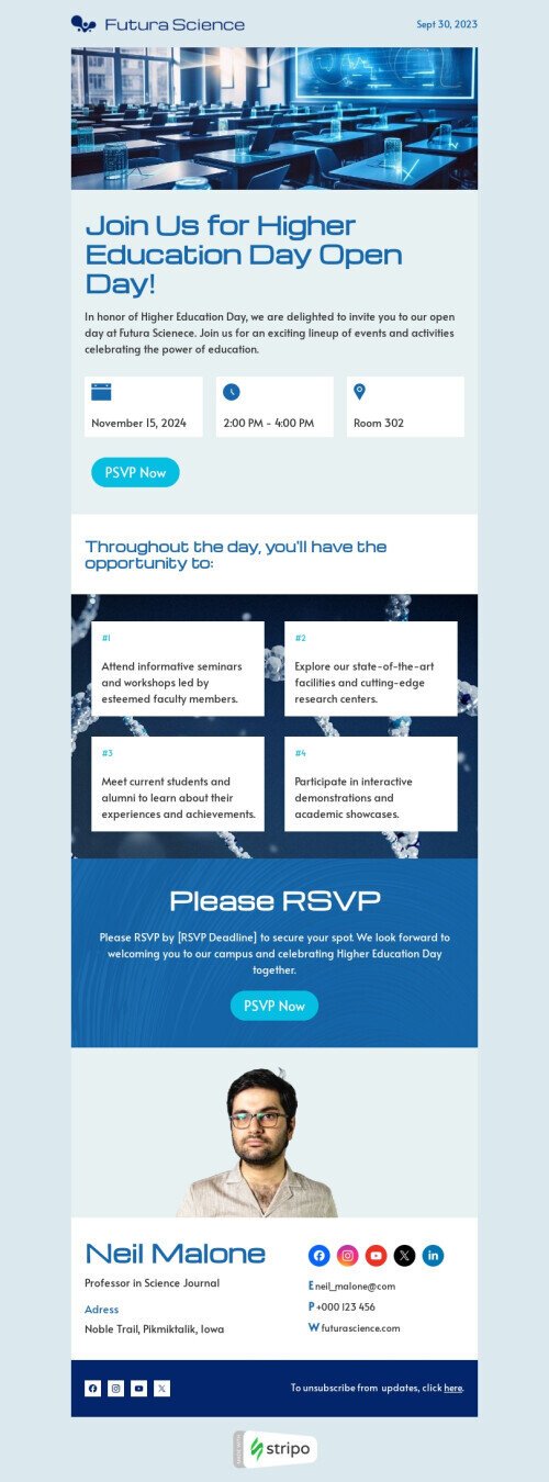 Higher Education Day email template "Open day" for education industry desktop view