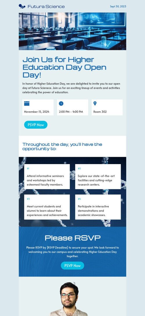 Modello di email per la Giornata dell'istruzione superiore "Giornata porte aperte" per il settore dell'istruzione Visualizzazione mobile