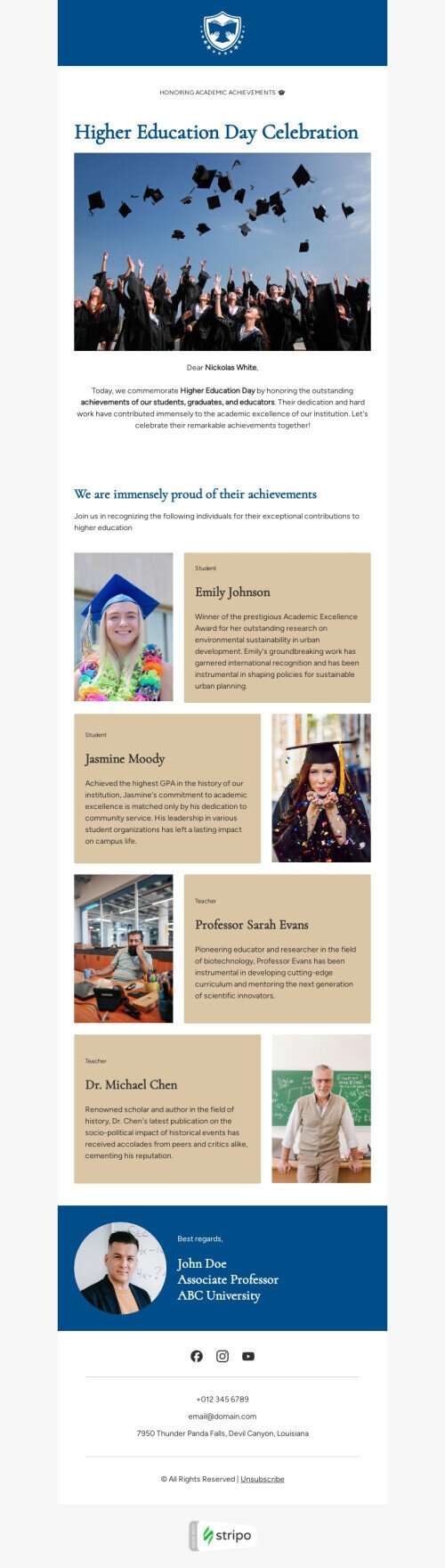 Higher Education Day email template "Honoring Academic Achievements" for education industrydesktop view