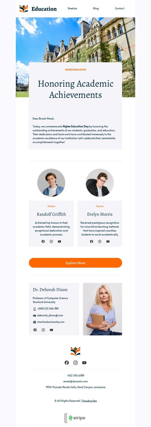 Higher Education Day email template "Achievements of our student" for education industrydesktop view