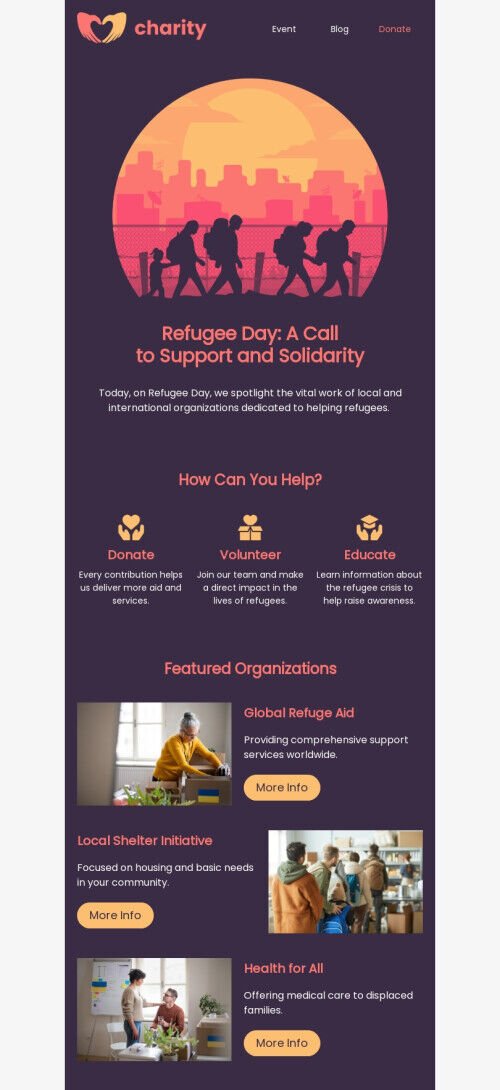 Modello di email per la Giornata mondiale del rifugiato "Sostegno e solidarietà" per il settore della raccolta fondi Visualizzazione mobile