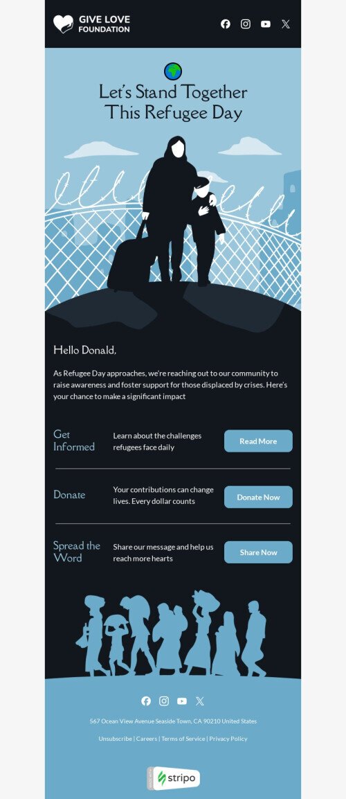 World Refugee Day email template "Let's stand together" for fundraising industry mobile view