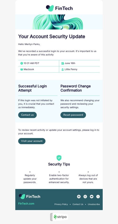 Trigger email template "Account security" for FinTech industry mobile view