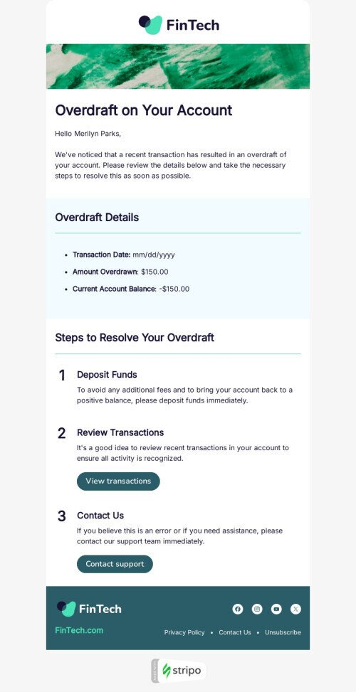 Trigger email template "Insufficient funds" for FinTech industry mobile view