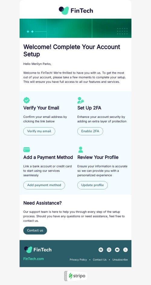 Trigger-E-Mail-Vorlage "Richten Sie Ihr Konto vollständig ein" für die FinTech-Branche Ansicht auf Mobilgeräten