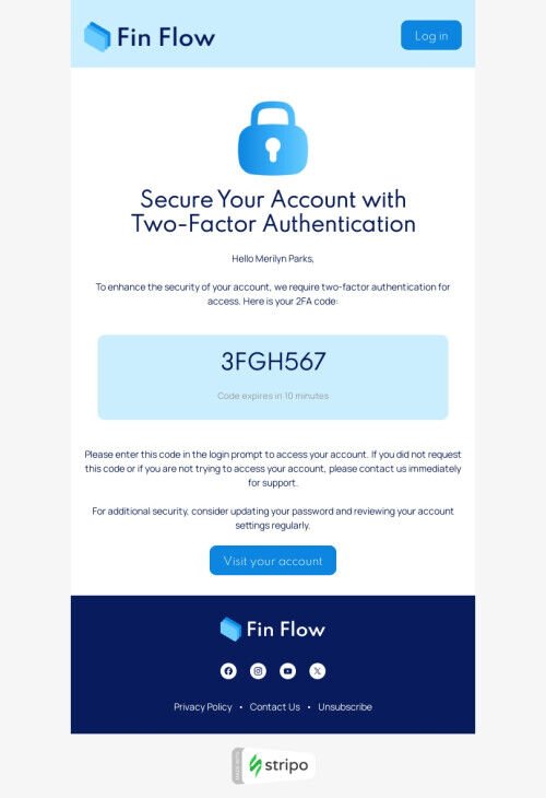 Modello di email trigger "Il vostro codice 2FA" per il settore FinTech Visualizzazione mobile