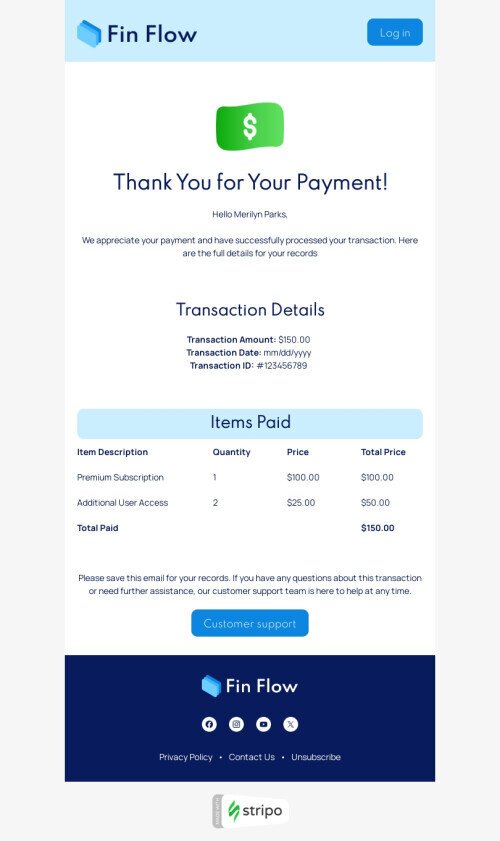 Шаблон листа «Підтвердження платежу» тематики тригерні для індустрії «ФінТех» мобільний вигляд