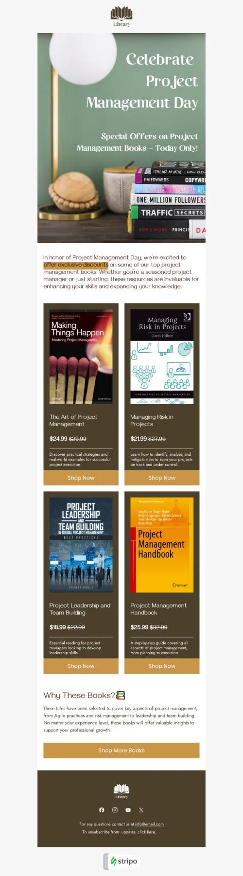 Project Management Day email template "Discounts on top books" for ecommerce industry