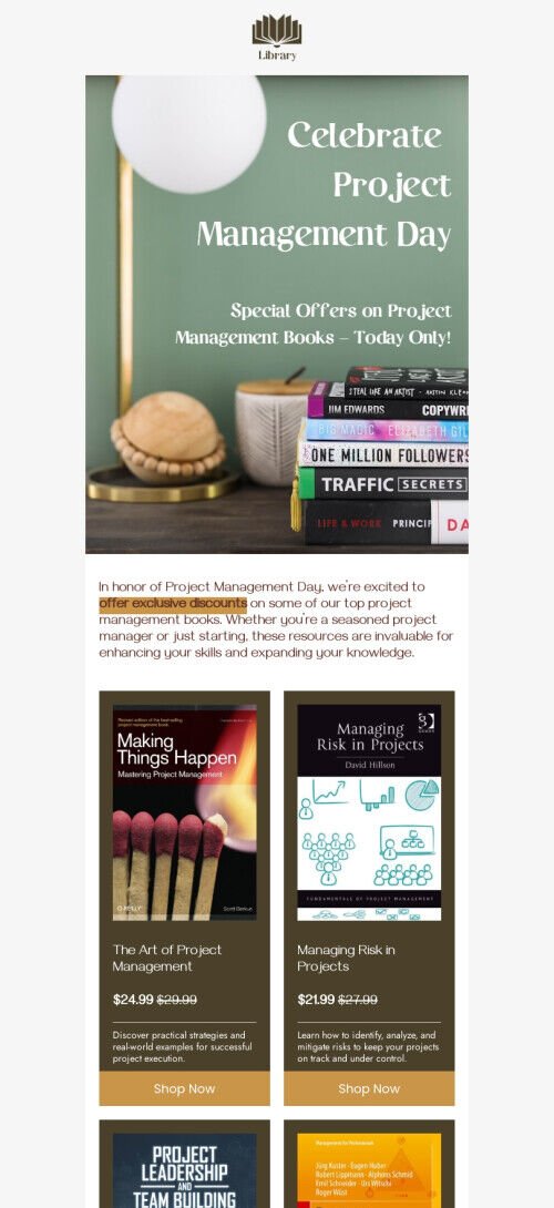 Modello di email per la Giornata del Project Management "Sconti sui migliori libri" per il settore dell'e-commerce Visualizzazione mobile