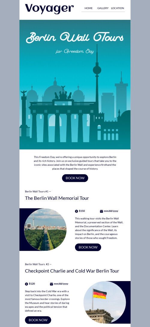Freedom Day email template "Walk through history" for travel industry mobile view