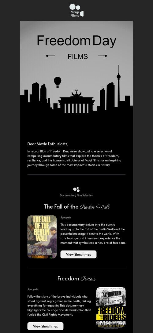 Modello di email per la Giornata della Libertà "Scoprite film dal grande impatto" per il settore cinematografico Visualizzazione mobile