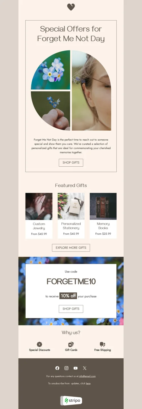Forget Me Not Day email template "Show someone you care" for gifts & fowers industry