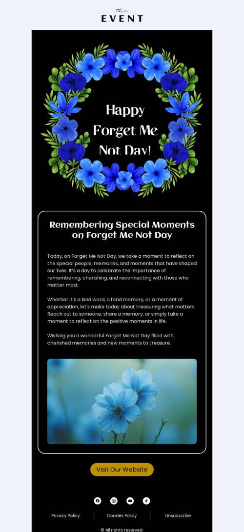 Modello di email per la Giornata del Nontiscordardimé "Ricordando i momenti speciali" per il settore degli hobby Visualizzazione mobile