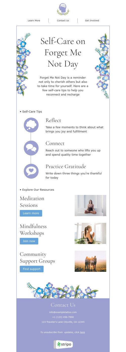 Forget Me Not Day email template "Tips for Forget me not day" for health and wellness industry mobile view