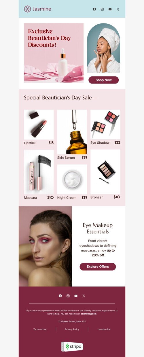 Modelo de e-mail de «Ofertas maravilhosas» de Dia da esteticista para a indústria de beleza e cuidados pessoais Visualização de desktop