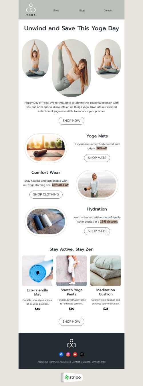 Day of Yoga email template "Stay active" for sports industry desktop view