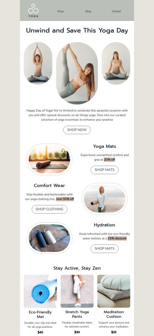Modello di email per la Giornata dello Yoga "Restate attivi" per il settore dello sport Visualizzazione mobile