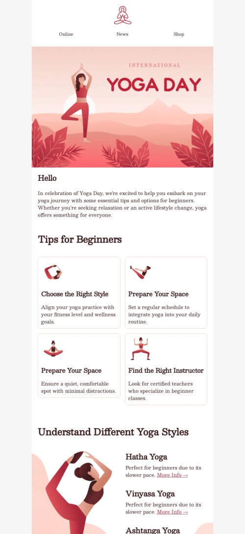 Modelo de e-mail para o Dia do Yoga "Diferentes estilos de yoga" para o setor do desporto Visualização de dispositivo móvel
